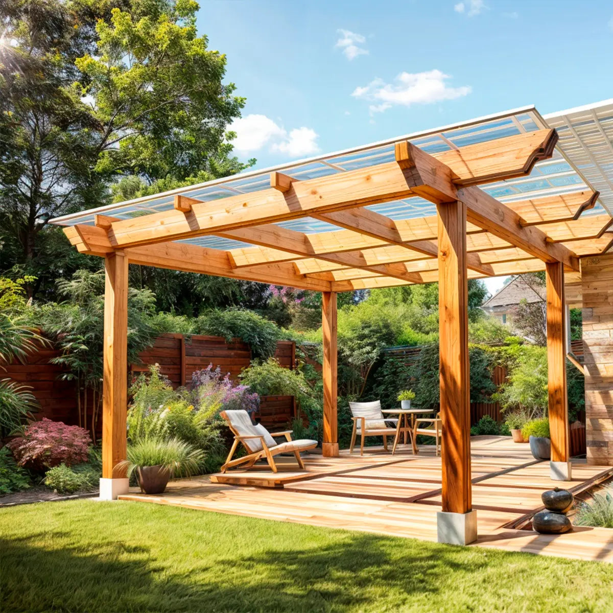 diseñamos Pérgolas exterior con estructura de madera tipo dominó y techo de policarbonato, ideal para jardines y patios con vegetación totalspa