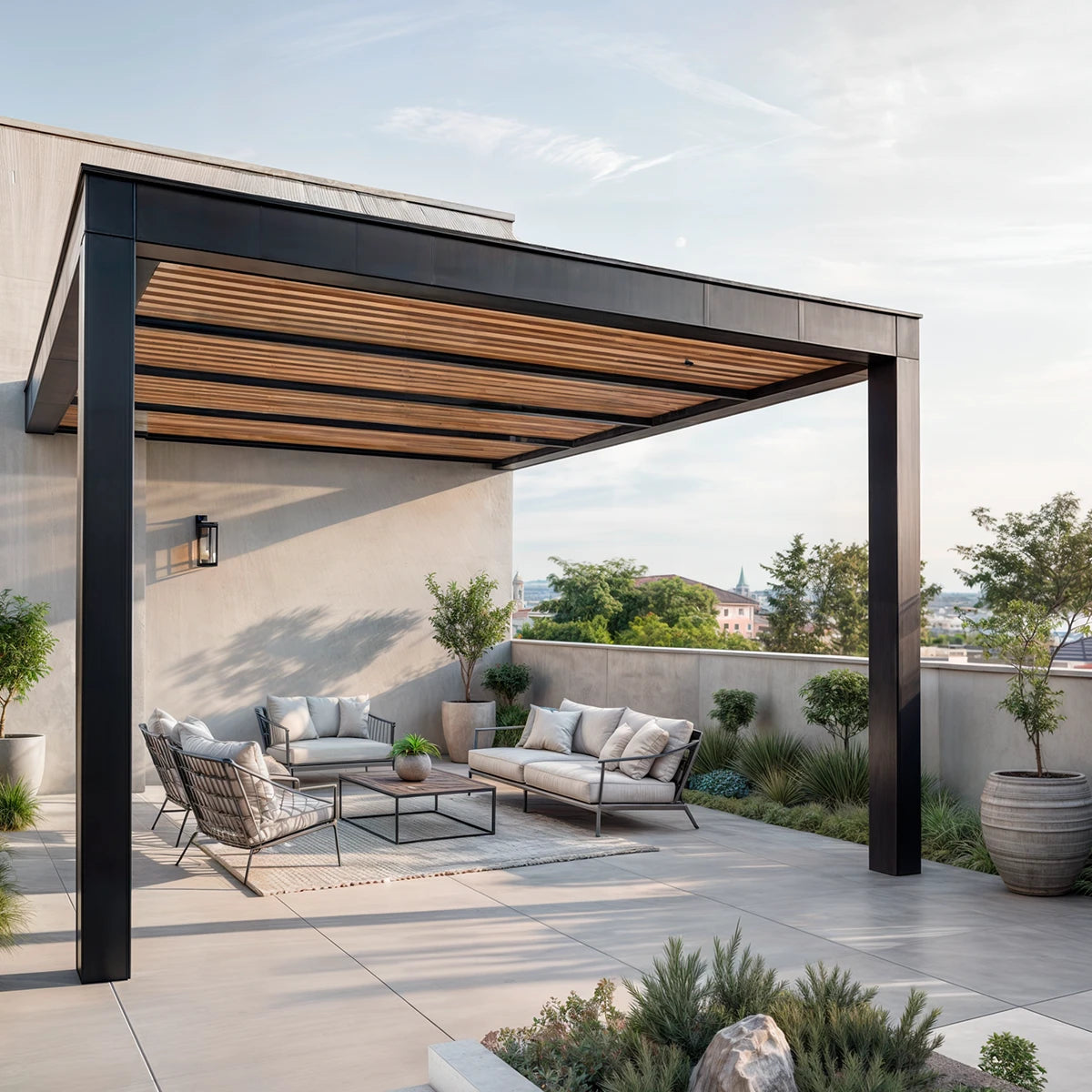 Pérgola elegante de acero, cristal templado y madera, instalada en jardín moderno con diseño minimalista