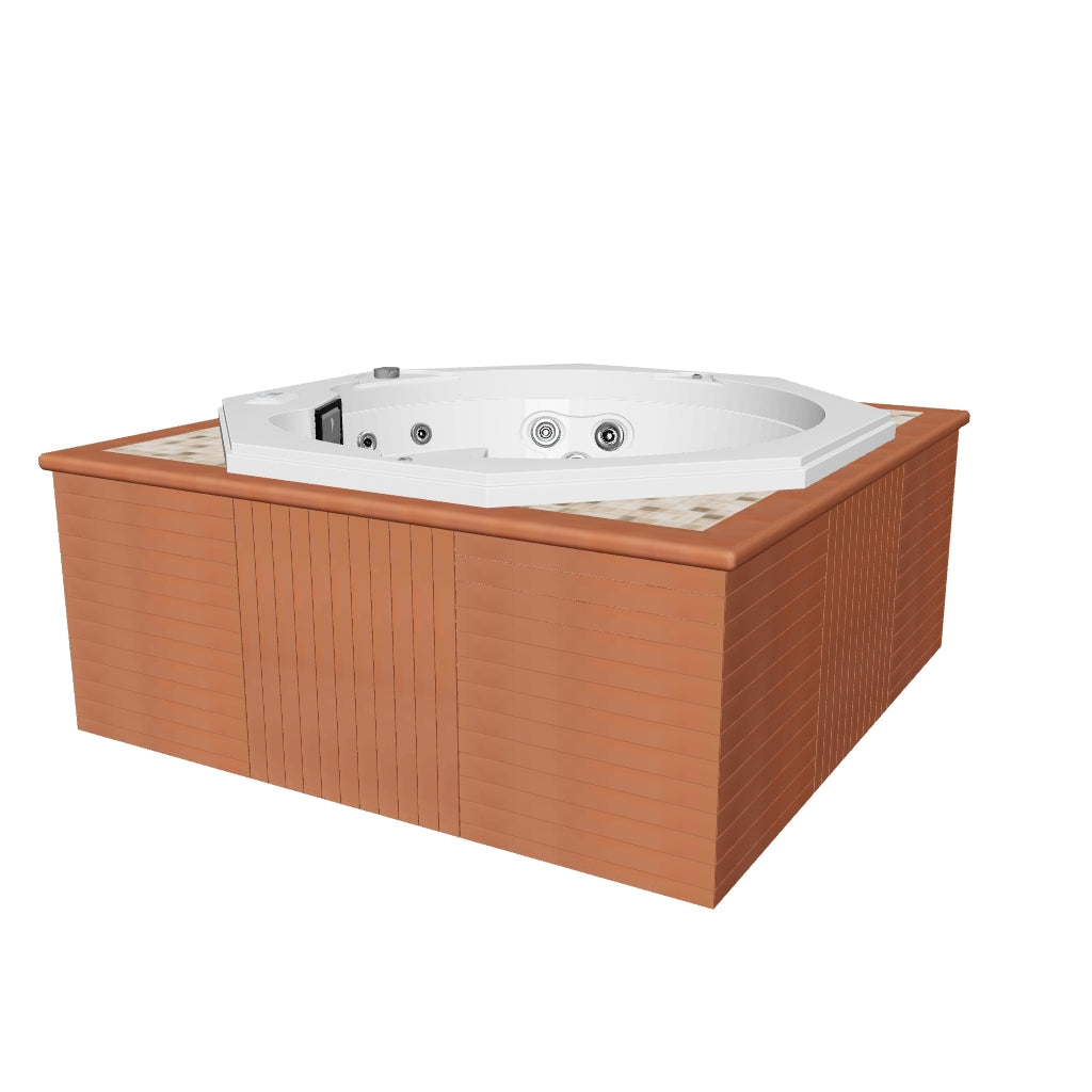 Modelo 3D spa OCTAGÓN, jacuzzi para 4 adultos y 1 niño, visualización AR interactiva, diseño octagonal con sistema de hidromasaje premium.