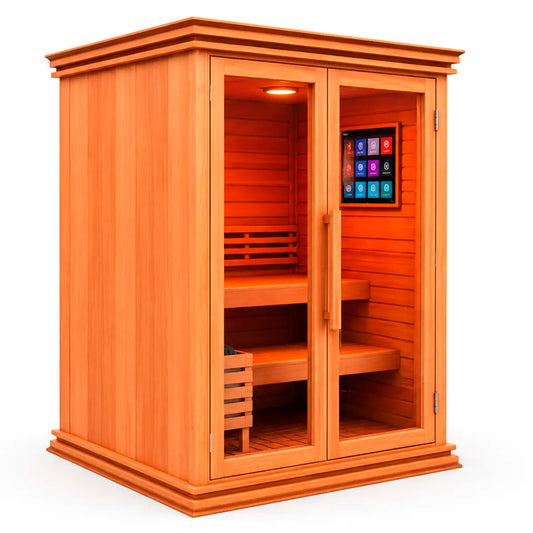 Sauna para 3 personas en perspectiva derecha, acabado cálido tipo cedro, cristal templado y diseño premium para interior.