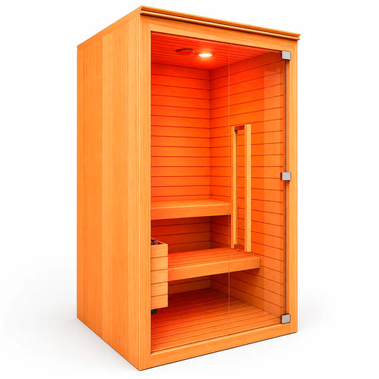Sauna para 2 personas en perspectiva derecha, acabado tipo cedro premium, puerta de vidrio y diseño elegante para hogar.
