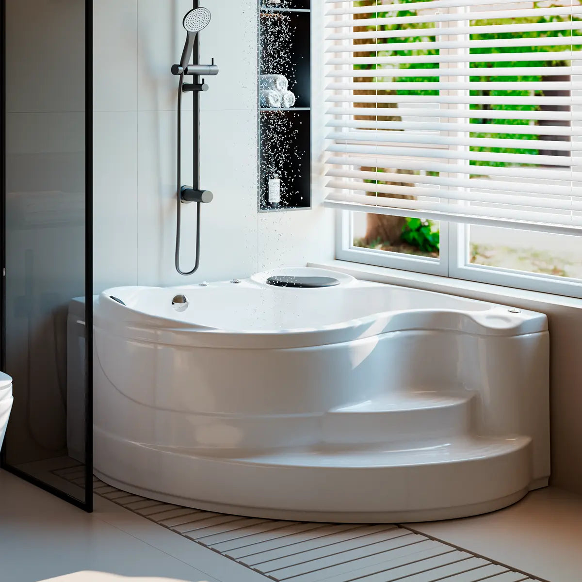 Render alternativo de la tina esquinera 01-01 TotalSpa™ instalada en ambiente residencial contemporáneo, con cromoterapia encendida.