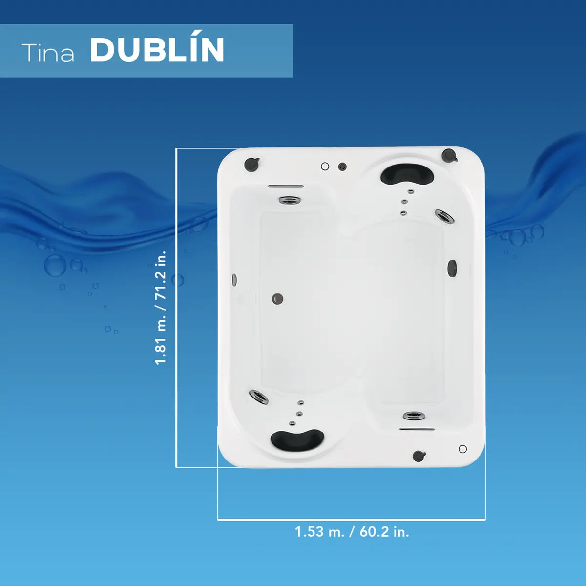 Ficha técnica de medidas de la tina de baño Dublín, modelo rectangular para 2 personas.