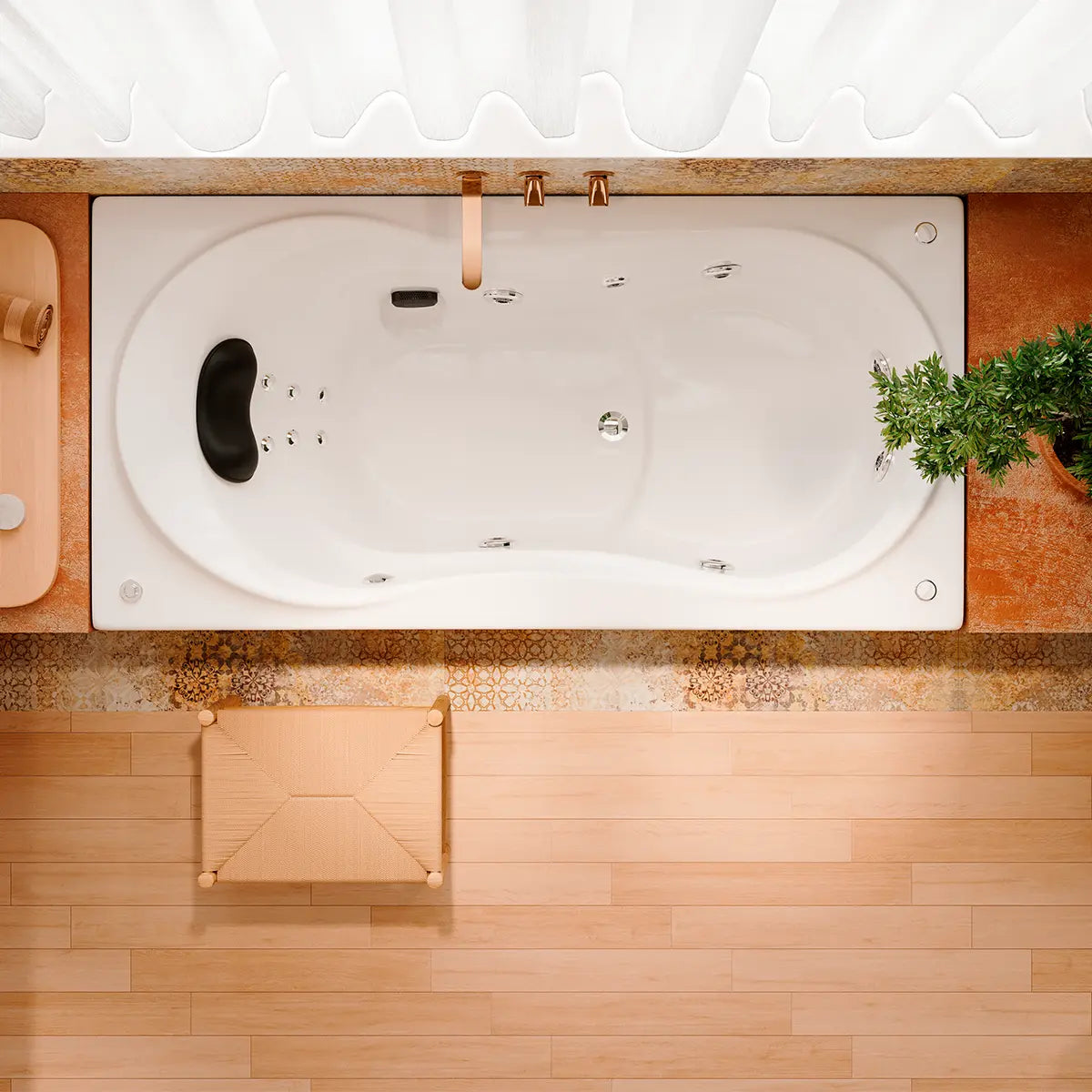 Render fotorrealista cenital de la tina Lola TotalSpa™ instalada en interior empotrada en baño contemporáneo, con iluminación cálida y estilo elegante.