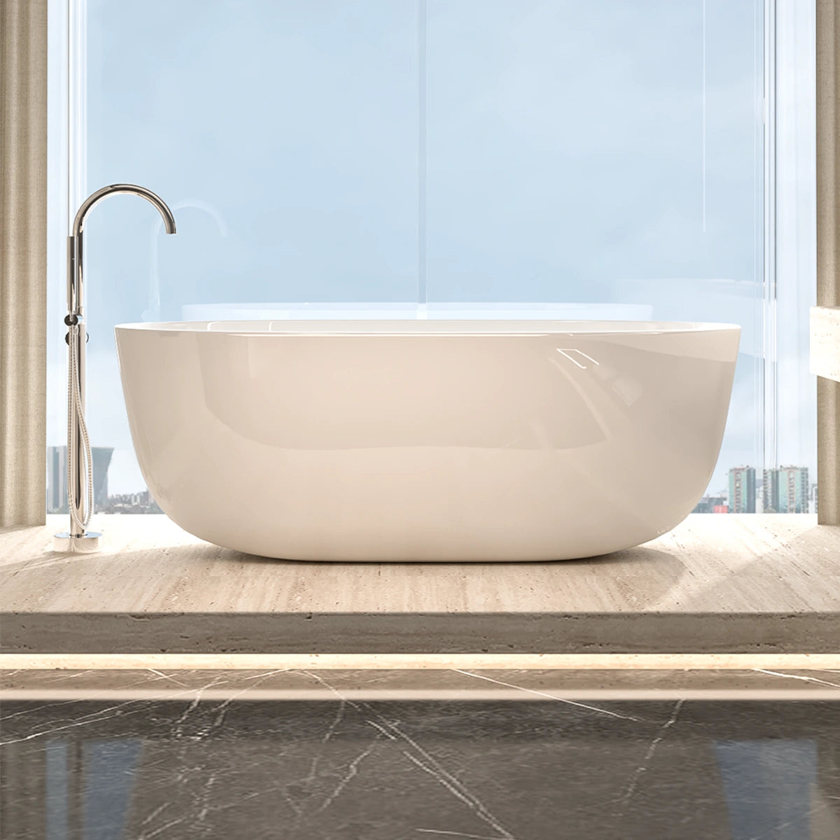 Modelo 100-07 instalado en baño moderno con ventanal y acabados en madera clara