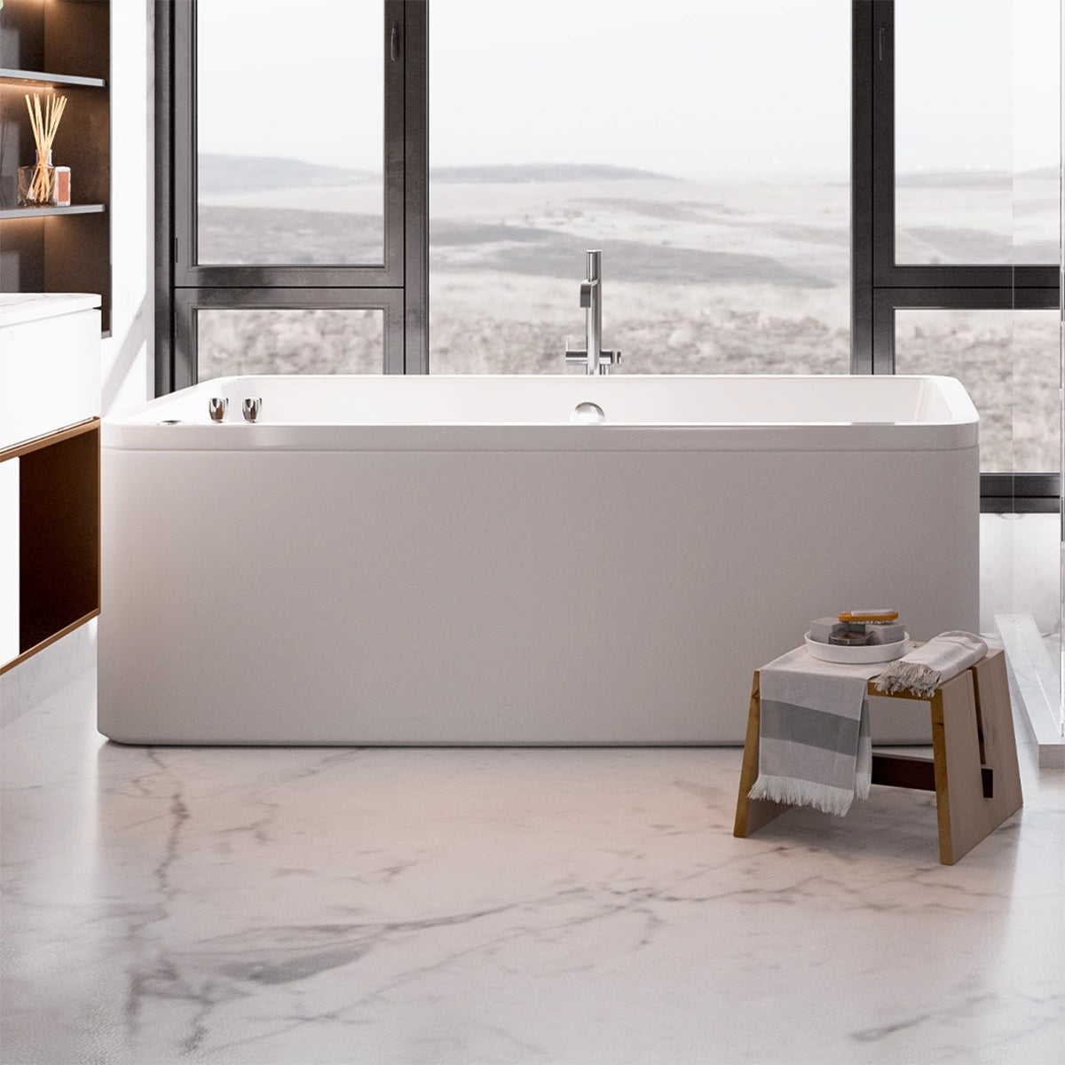 Modelo 100-01 en baño moderno con ventanas amplias y decoración sobria