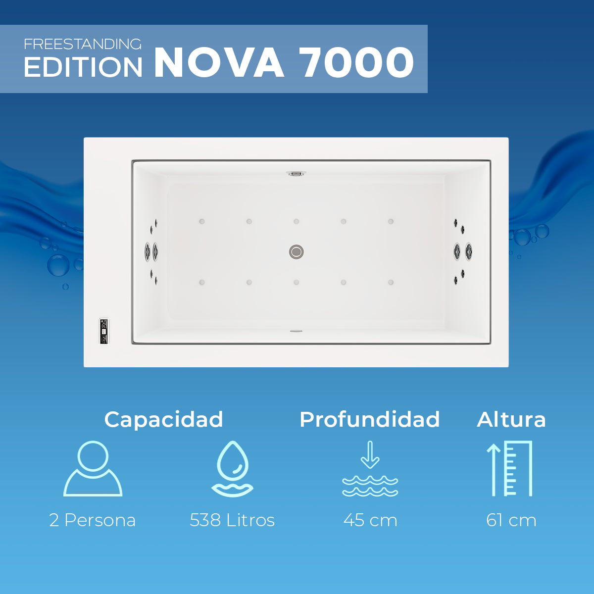 Infografía de capacidad de 538 L y profundidad de 45 cm del modelo Nova 7000