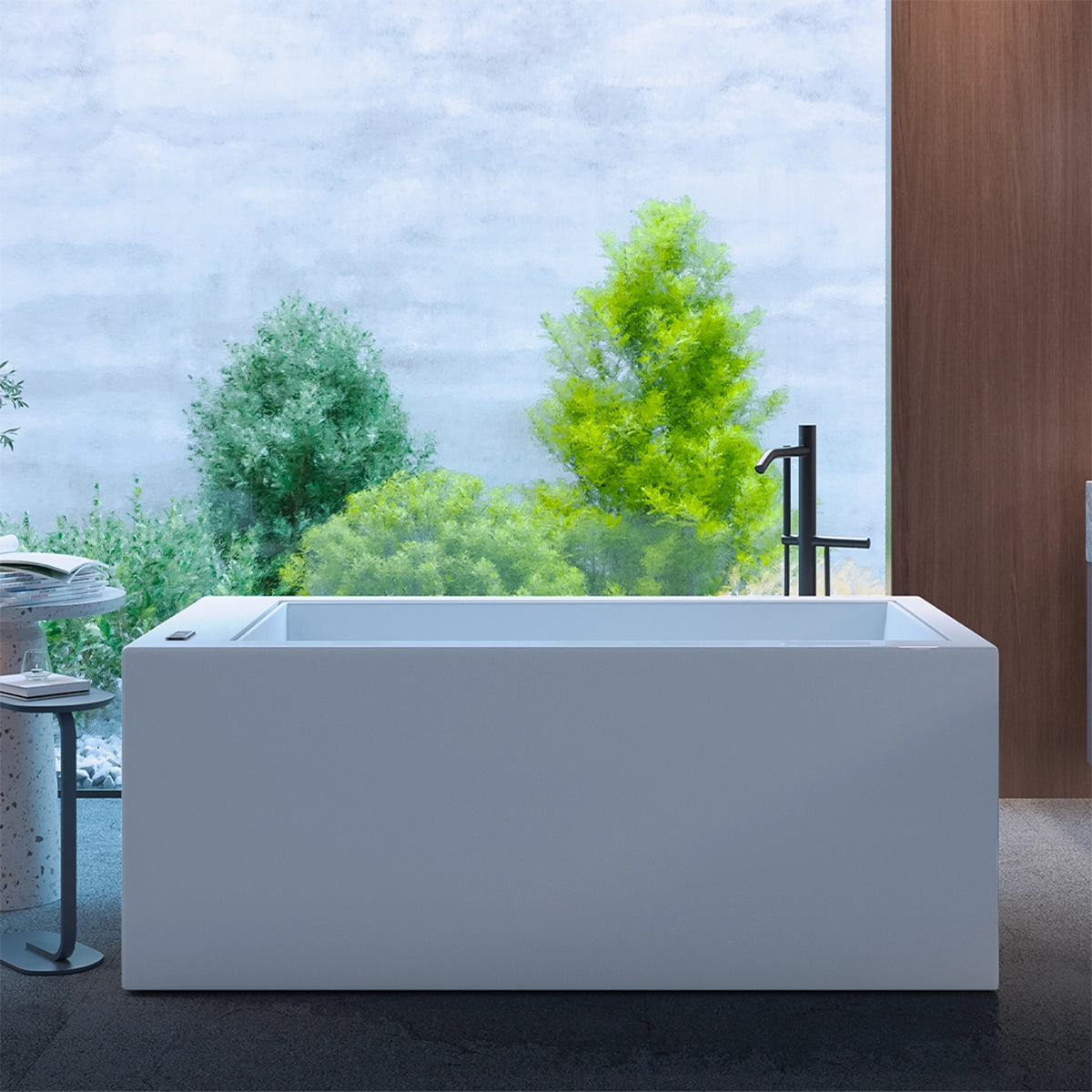 Tina Nova 7000 ubicada en jardín moderno, diseño minimalista con entorno natural