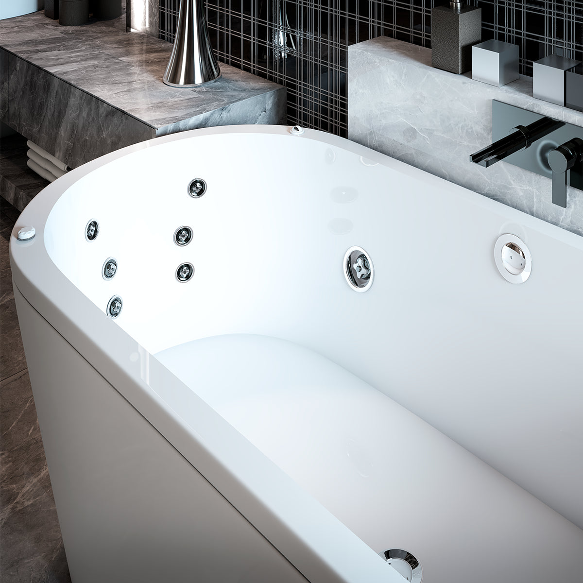 Tina blanca modelo 90-01 colocada en baño residencial con grifería moderna