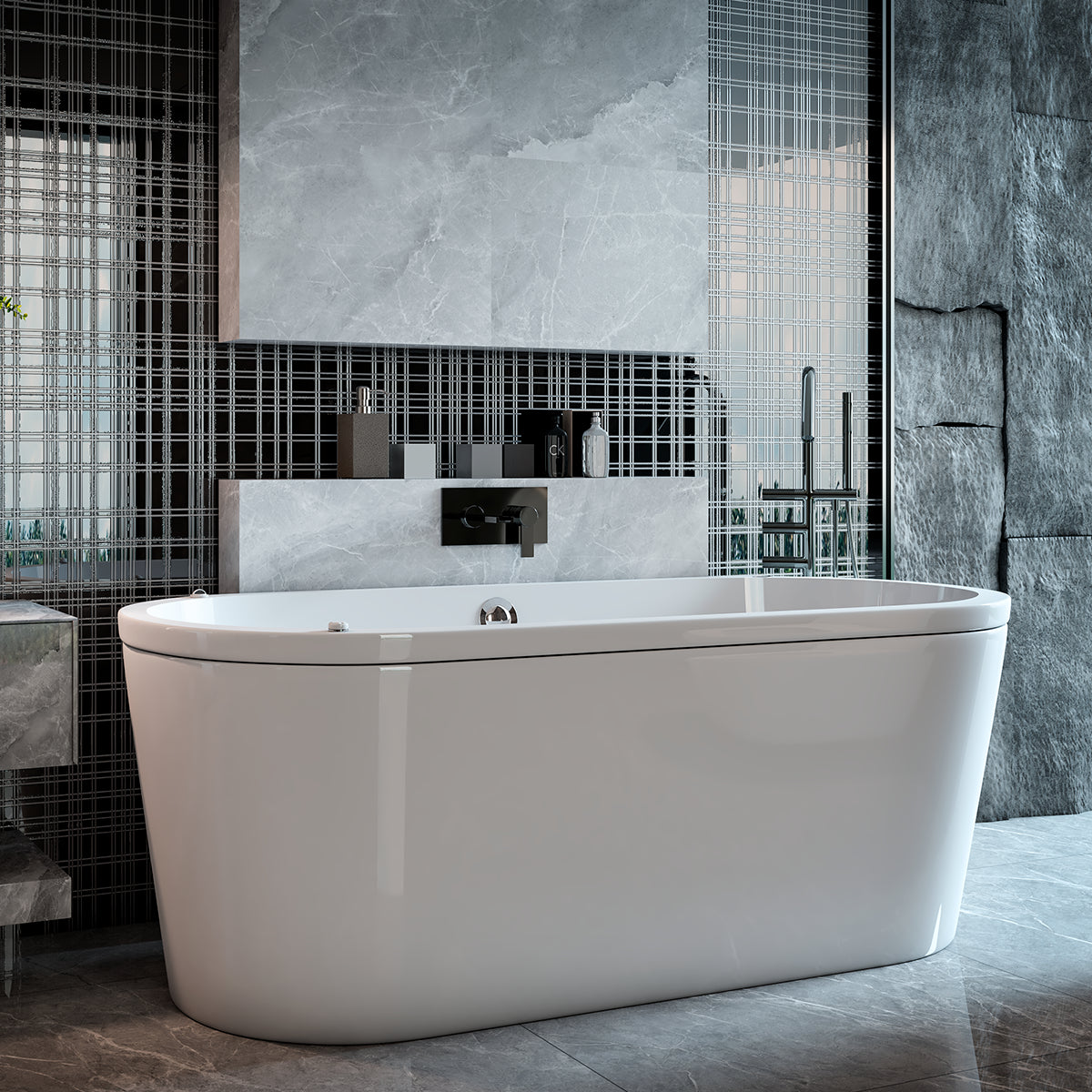 Render de la tina 90-01 instalada en baño contemporáneo con iluminación cálida