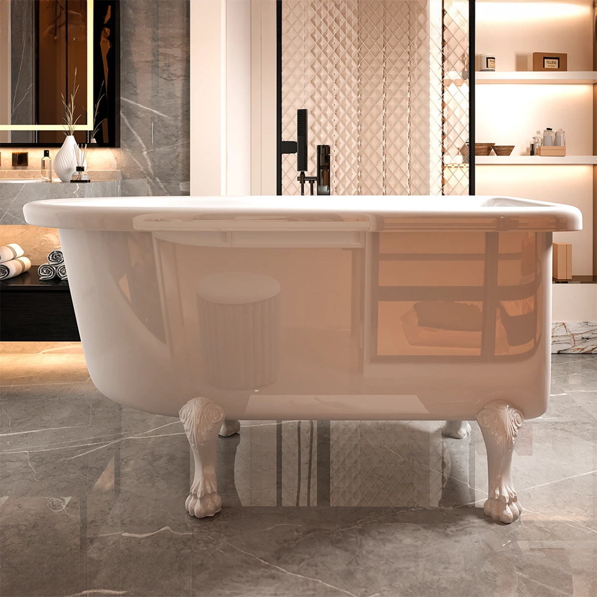 Tina Clásica instalada en baño elegante con estilo contemporáneo y contraste vintage