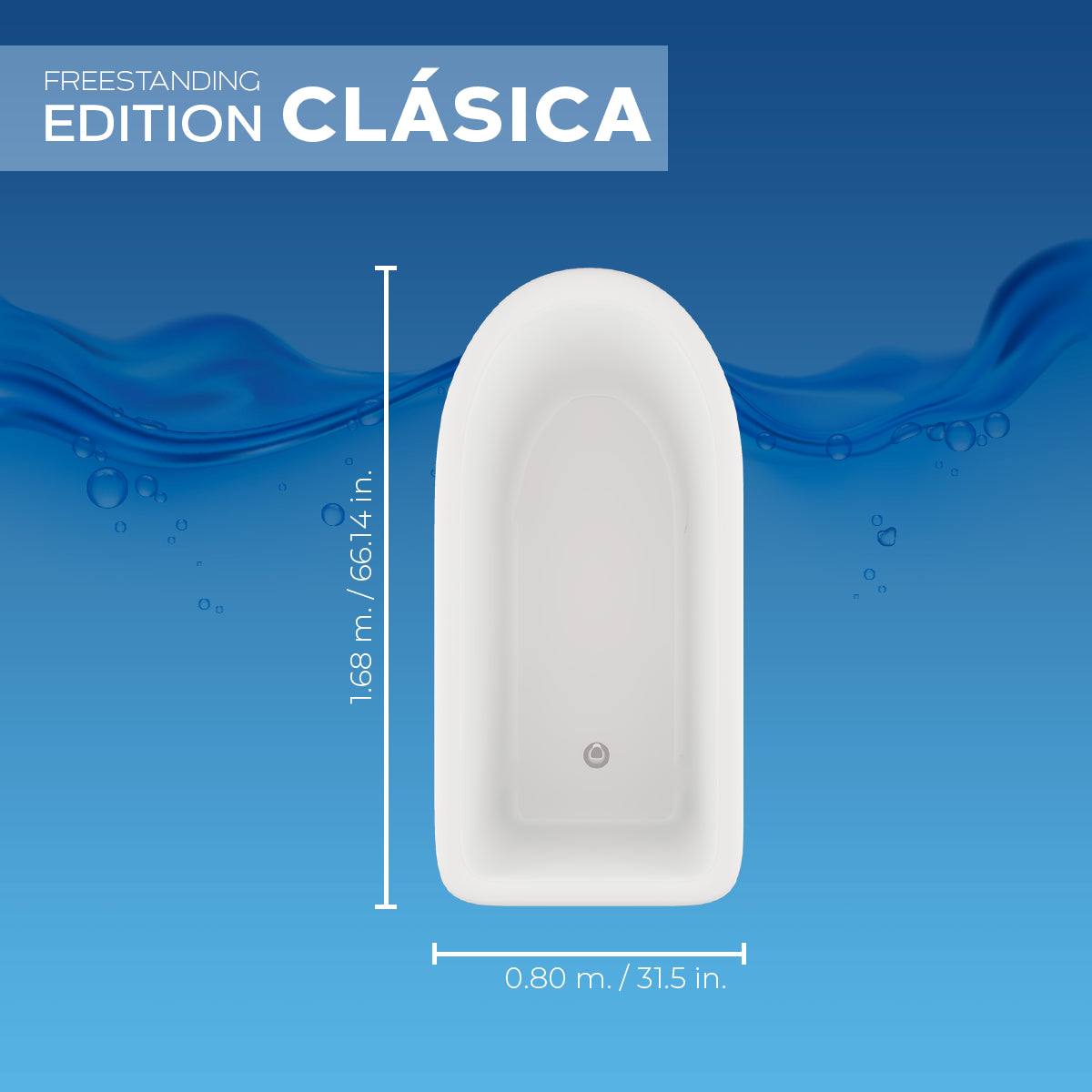 Diagrama técnico de medidas de la tina Clásica con profundidad de 48 cm