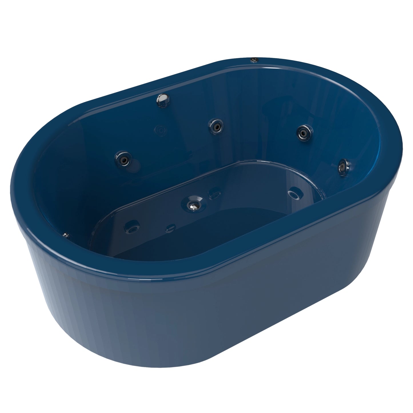 Tina freestanding F-015 color azul adriático con sistema de hidromasaje, diseño moderno y capacidad para 2 personas. Ideal para baños elegantes.
