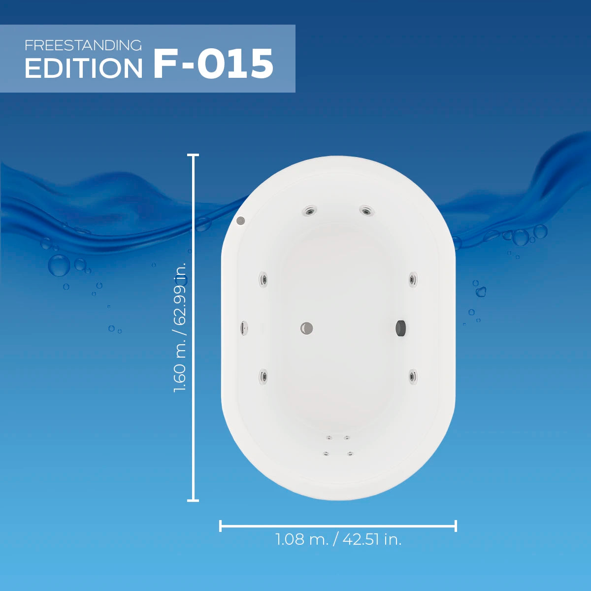 medidas de tina freestanding f-015 con vista superior y lateral