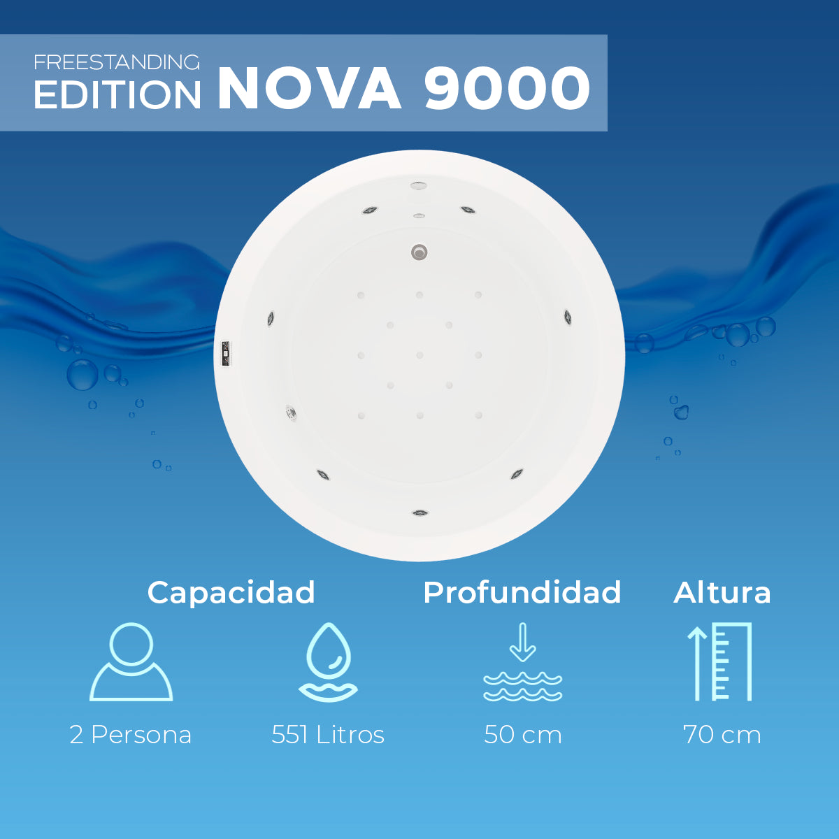 Infografía de capacidad de 551 L y profundidad de 50 cm del modelo Nova 9000
