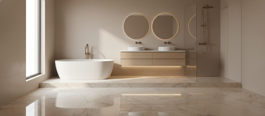 Piso porcelánico tipo mármol en baño moderno con acabado pulido y estilo de lujo.