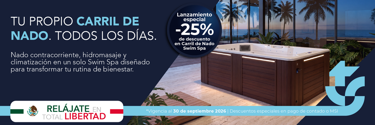 Carril de Nado Swim Spa en ambiente residencial de lujo con sistema de nado contracorriente e hidromasaje