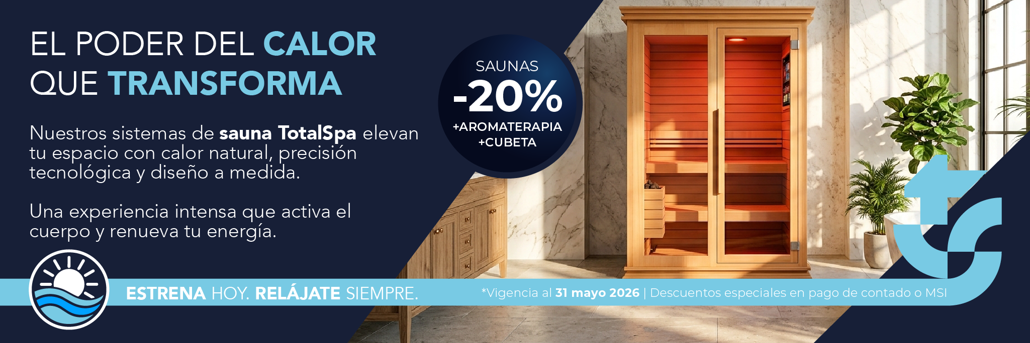 Sauna de madera 20% descuento Mayo 2026 TotalSpa, diseño premium y cabina de cedro rojo fabricada en México.