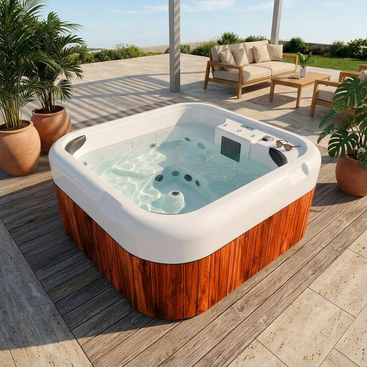 Spas o jacuzzis para varias personas con hidromasaje en madera teca y madera sintetica para exterior e interior Total Spa