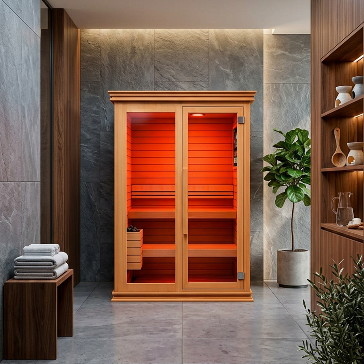 sauna en seco para 3 personas acabado en cedro rojo con infrarrojo prediseñados para tu casa Total Spa