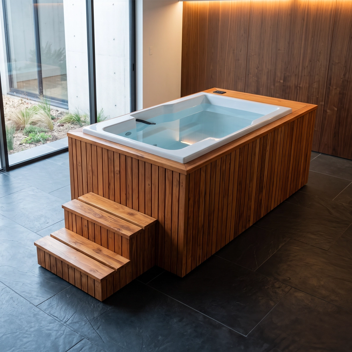 Spa de crioterapia Aqua-Ice TotalSpa con revestimiento de madera natural y sistema de enfriamiento, instalado en un espacio wellness de arquitectura moderna.