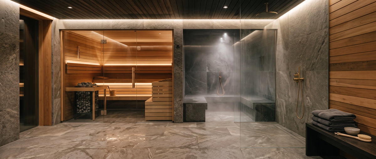 Área wellness TotalSpa con sauna de madera, baño de vapor con vidrio, piedra natural e iluminación cálida tipo spa.
