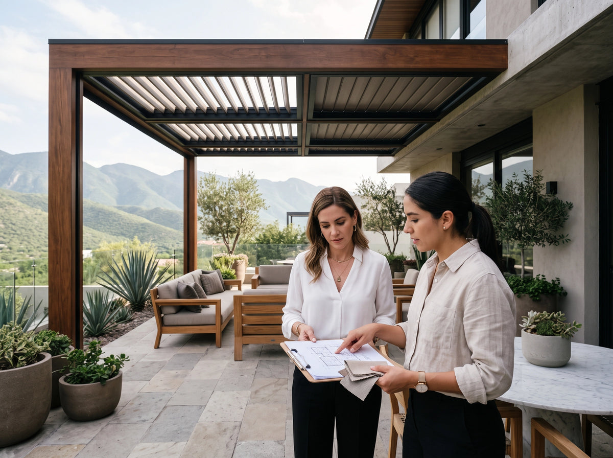 Arquitecta revisando planos y materiales para el diseño de una pérgola a medida en una terraza residencial premium.