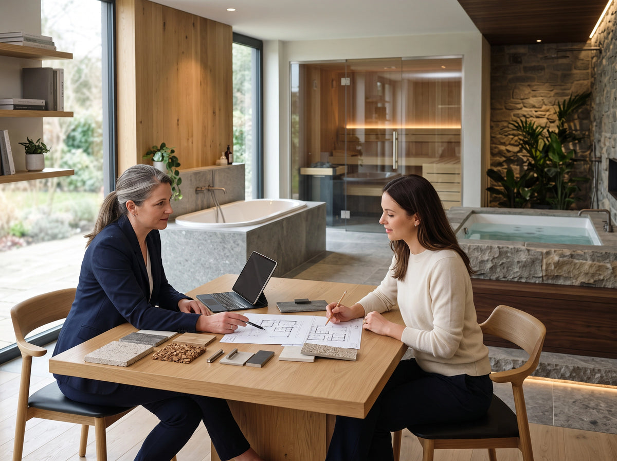Asesoría TotalSpa para proyectos wellness con arquitecto y cliente revisando planos en un espacio con spa, tina y sauna integrados.