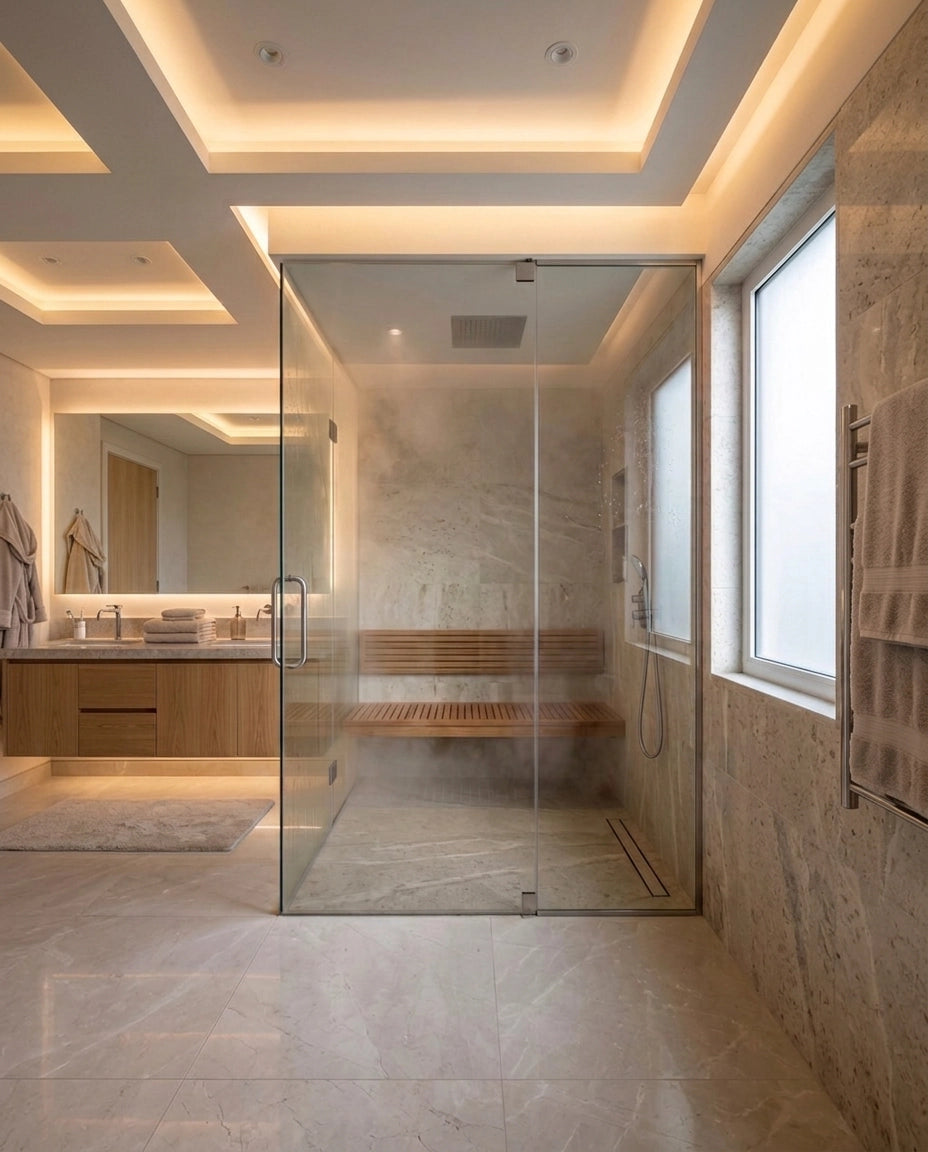 Baño de vapor TotalSpa integrado en una regadera moderna con vidrio, piedra natural, iluminación cálida y vapor.