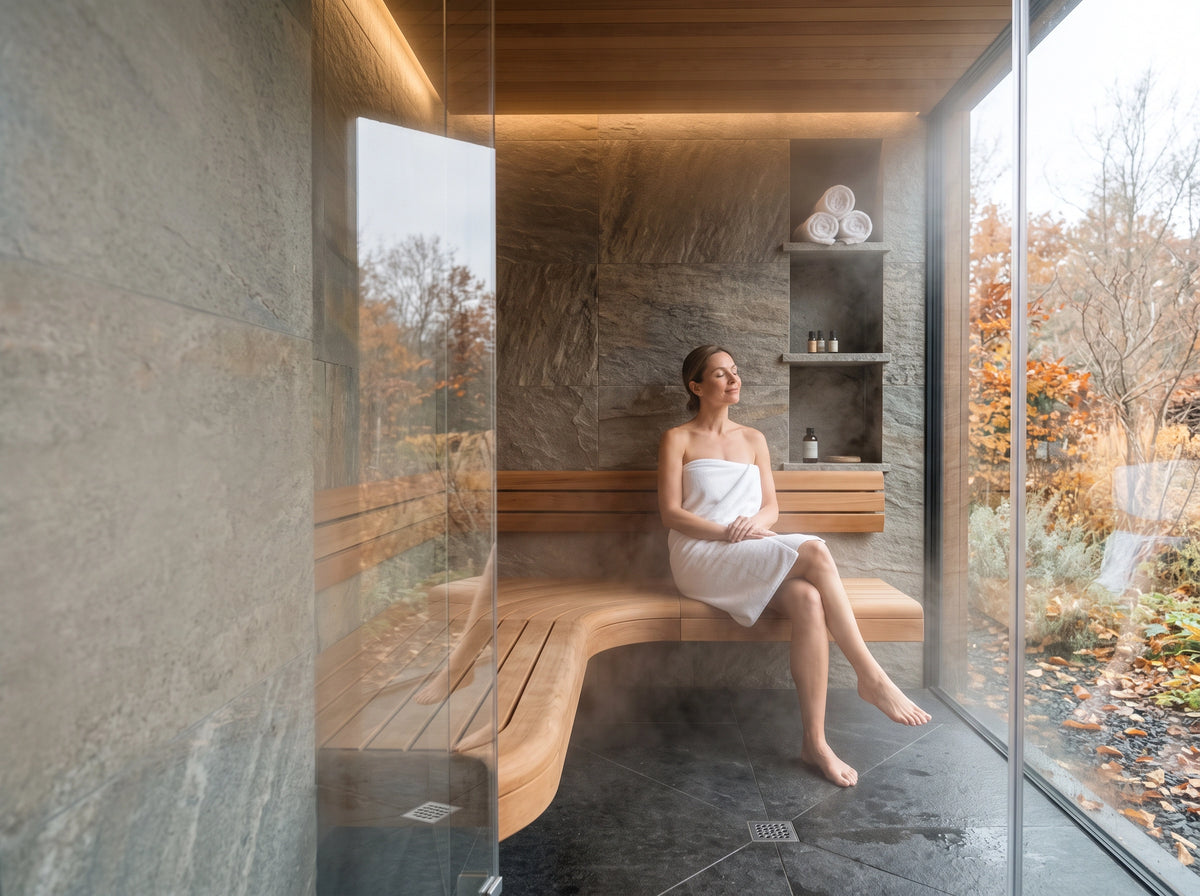 Persona adulta relajándose en un cuarto de vapor moderno con piedra natural, vidrio y luz cálida, con exterior otoñal visible al fondo.