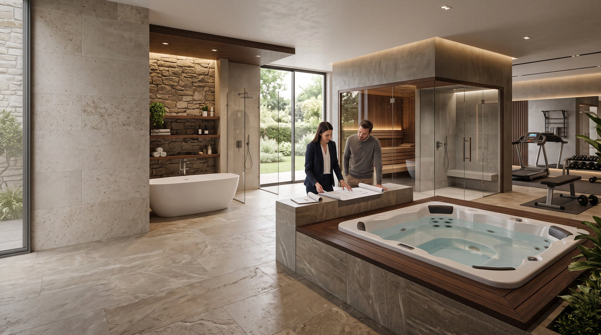 Equipo TotalSpa asesorando un proyecto wellness integral con spa, tina, sauna y área de recuperación en un espacio arquitectónico premium