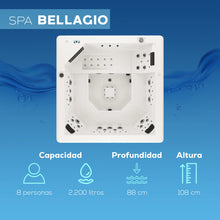 spa bellagio con capacidad para 8 personas, profundidad de 92 cm, altura de 102 cm, ideal para proyectos residenciales