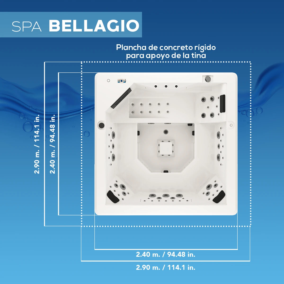 ficha técnica del spa bellagio, medidas, profundidad, altura y especificaciones técnicas de instalación