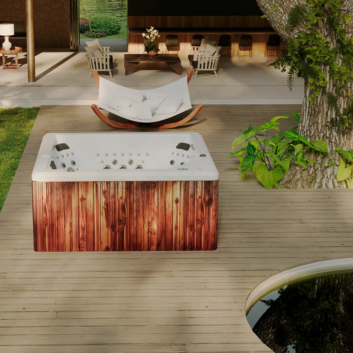 jacuzzi spa bellagio en jardín residencial con gabinete madera teca, ideal para proyectos de alto nivel
