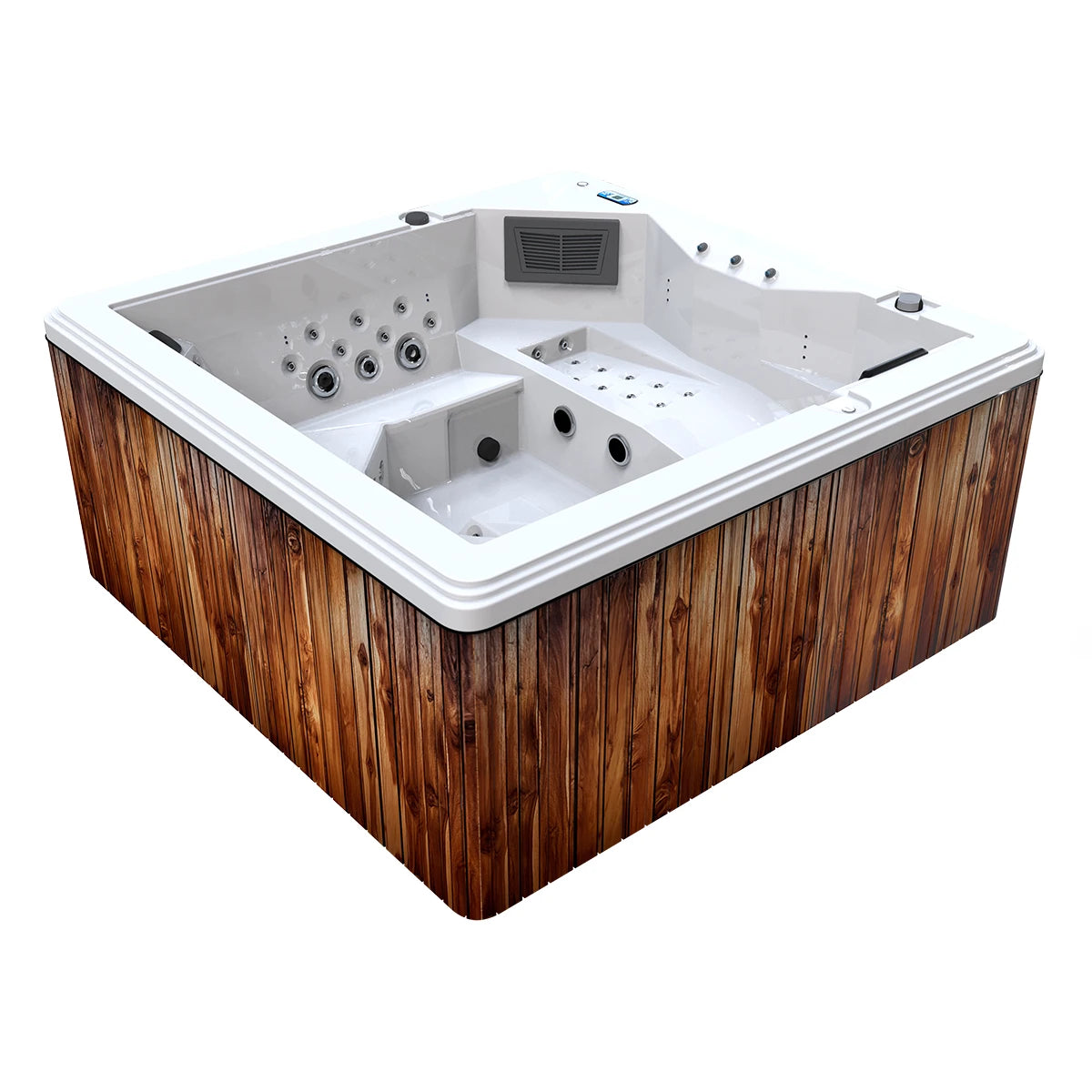 jacuzzi spa bellagio para 8 personas con hidromasaje exterior, gabinete en madera teca y acrílico blanco, ideal para terraza o jardín de lujo