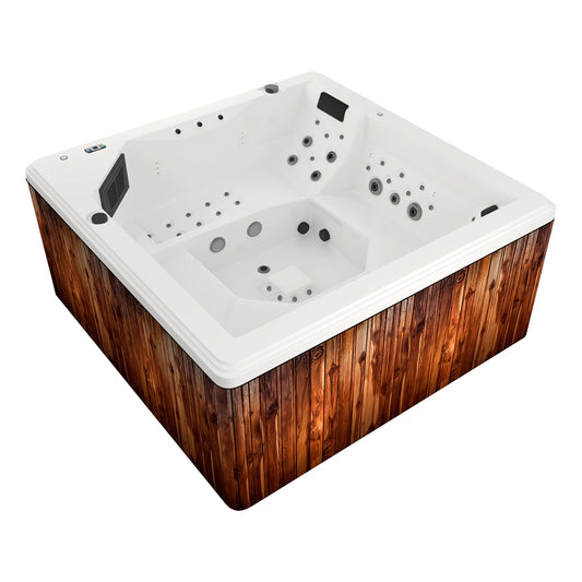 vista lateral izquierda del jacuzzi spa bellagio para 8 personas, gabinete madera teca, acrílico blanco, hidromasaje exterior para jardín o terraza