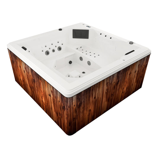 vista lateral derecha del spa bellagio con hidromasaje, gabinete madera teca, acrílico blanco, diseño exterior premium