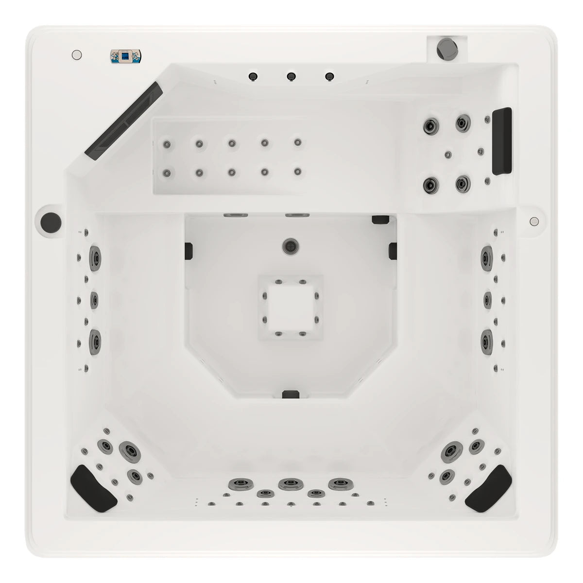 vista superior del jacuzzi spa bellagio para 8 personas, distribución ergonómica de asientos y jets de hidromasaje