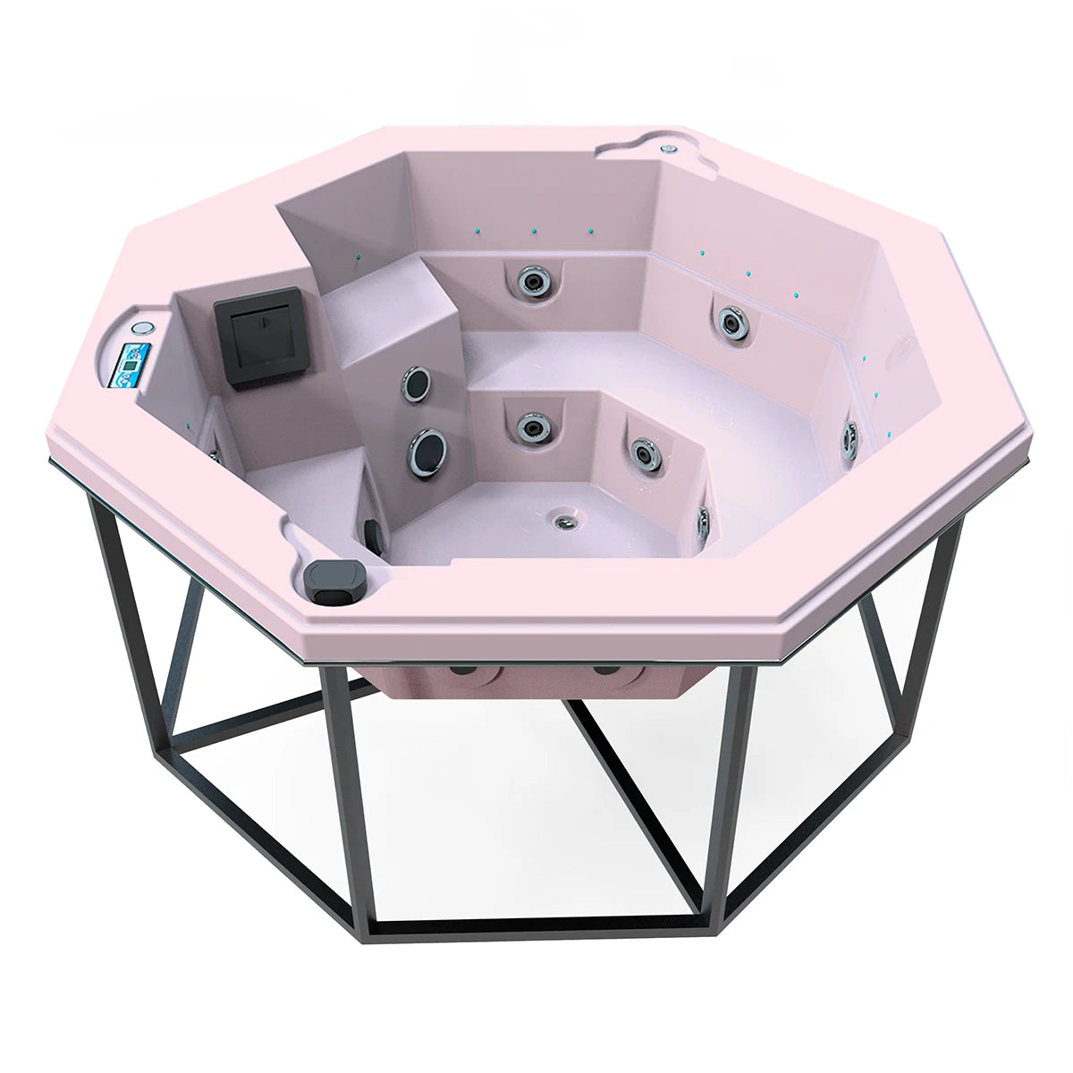 jacuzzi spa CABO para 2 adultos y 1 niño, estructura metálica con acrílico rosa claro; jacuzzi octagonal ideal para patios, terrazas o cocoons modernos