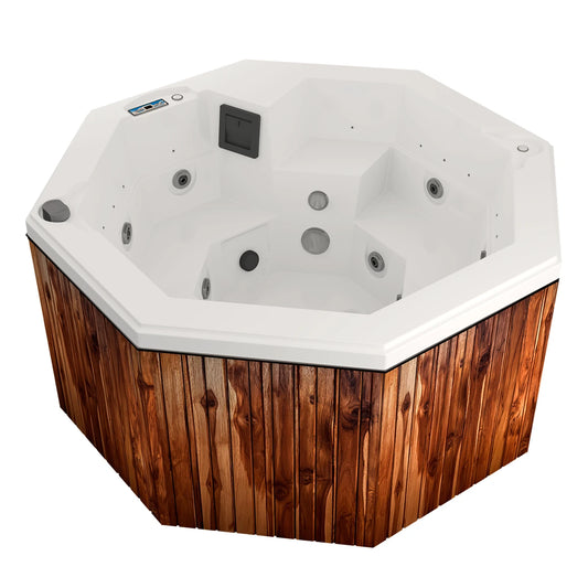jacuzzi spa CABO para 2 adultos y 1 niño, vista frontal izquierda con jets de hidromasaje, cromoterapia LED y diseño octagonal premium en exterior