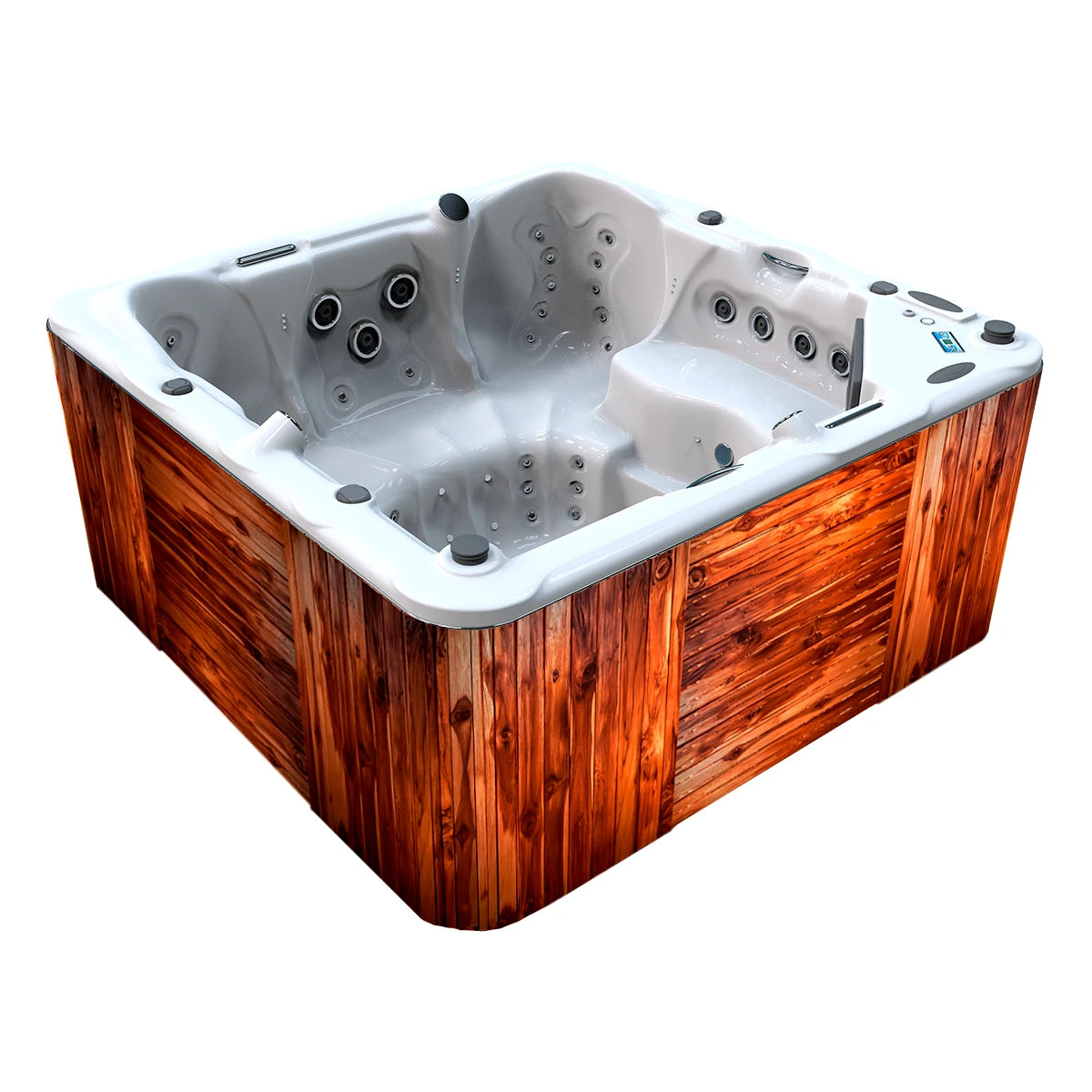 jacuzzi spa DESIGNO para 6 adultos y 2 niños, gabinete madera teca con acrílico blanco; spa exterior de lujo para terrazas, rooftops o jardines premium