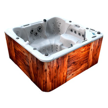 jacuzzi spa DESIGNO para 6 adultos y 2 niños, gabinete madera teca con acrílico blanco; spa exterior de lujo para terrazas, rooftops o jardines premium