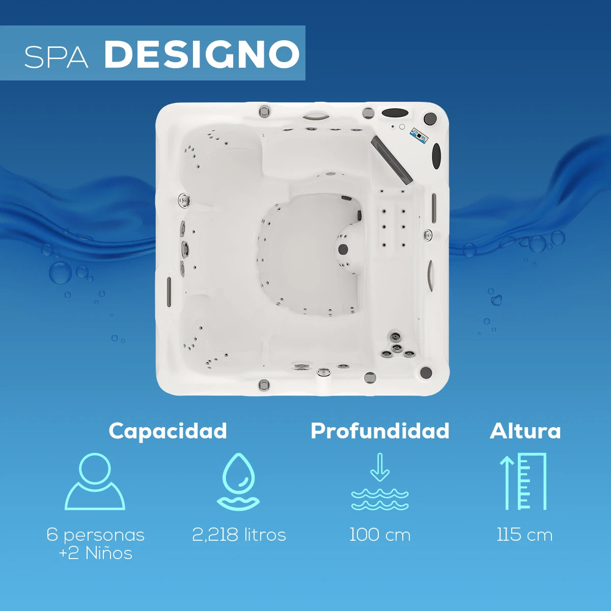 spa DESIGNO con capacidad para 6 adultos y 2 niños, profundidad de 100 cm, altura de 115 cm, ideal para casas de lujo o proyectos hoteleros