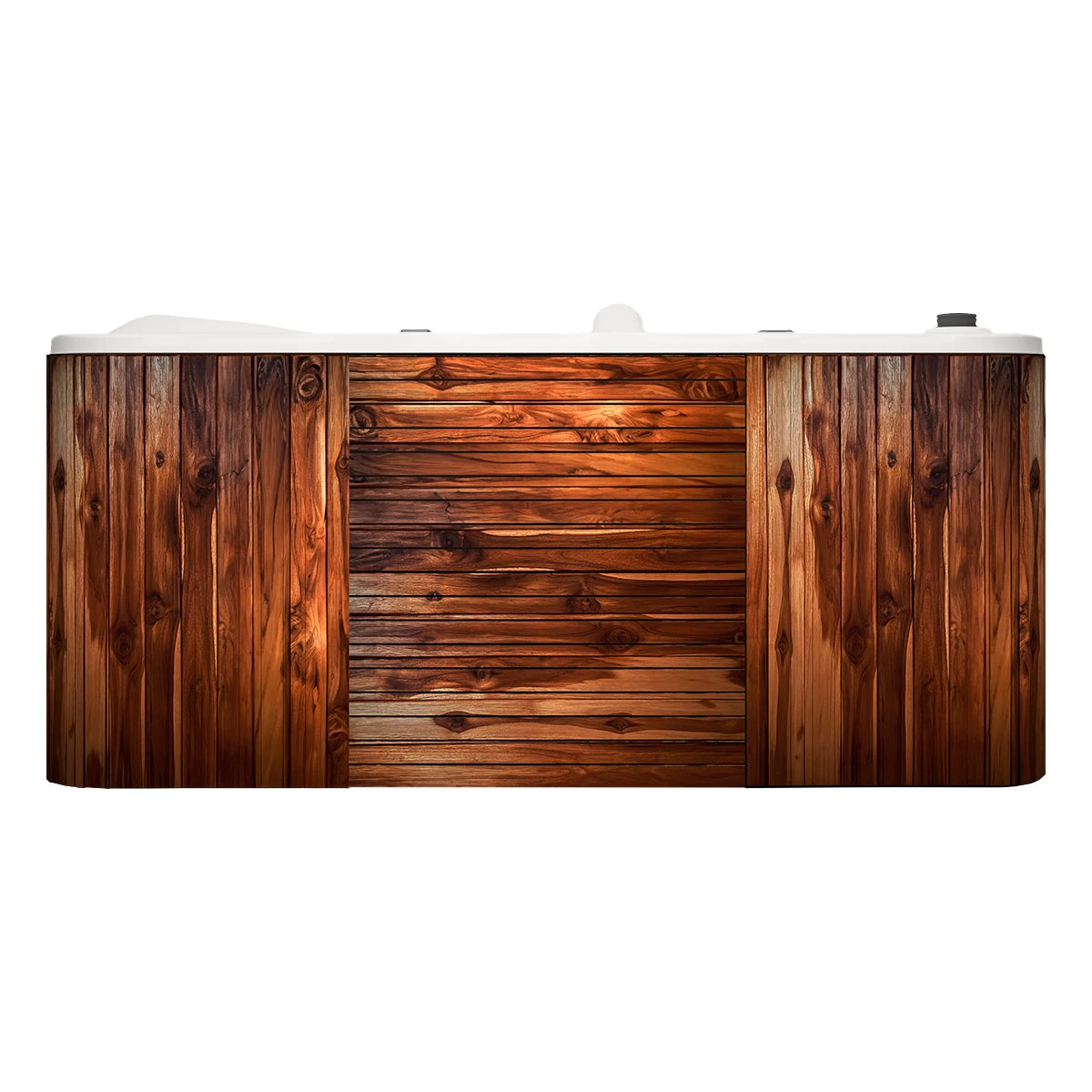 faldón exterior del spa DESIGNO en acabado madera teca, ideal para terrazas, jardines y residencias premium