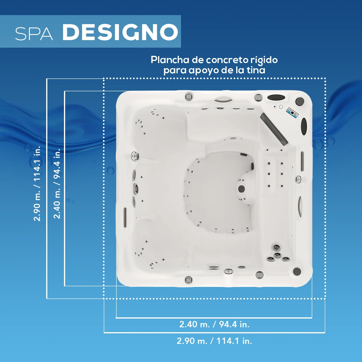 ficha técnica del spa DESIGNO, medidas exactas para instalación en jardines, terrazas, rooftops o patios residenciales
