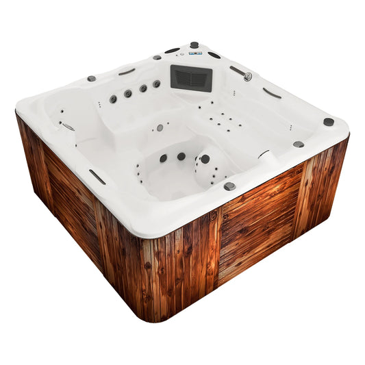 jacuzzi spa DESIGNO para 6 adultos y 2 niños con sistema de hidromasaje, control digital y jets de masaje; ideal para jardín, terraza, rooftop o proyectos residenciales