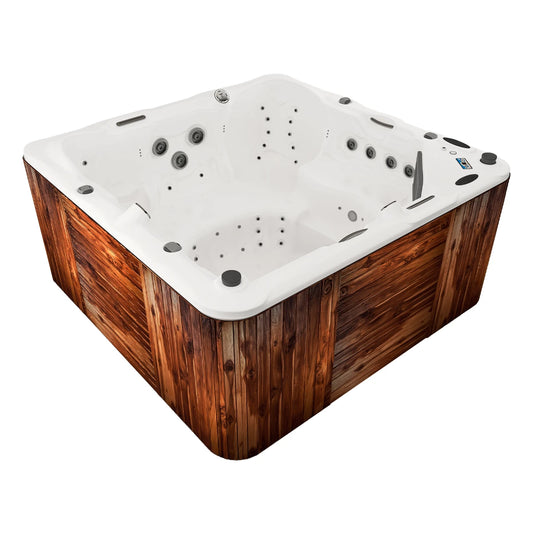 spa DESIGNO con jets de hidromasaje de alto rendimiento, iluminación LED y diseño exterior premium, perfecto para exteriores residenciales o áreas comerciales de lujo