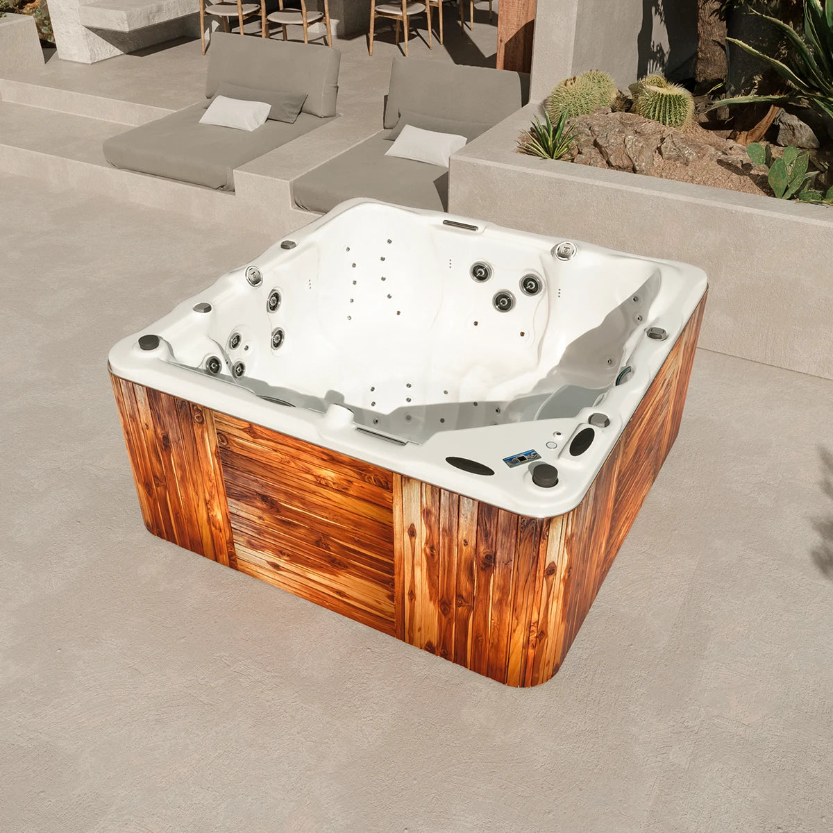 jacuzzi spa DESIGNO en jardín residencial premium, diseño moderno, ideal para descanso familiar y proyectos de alto nivel