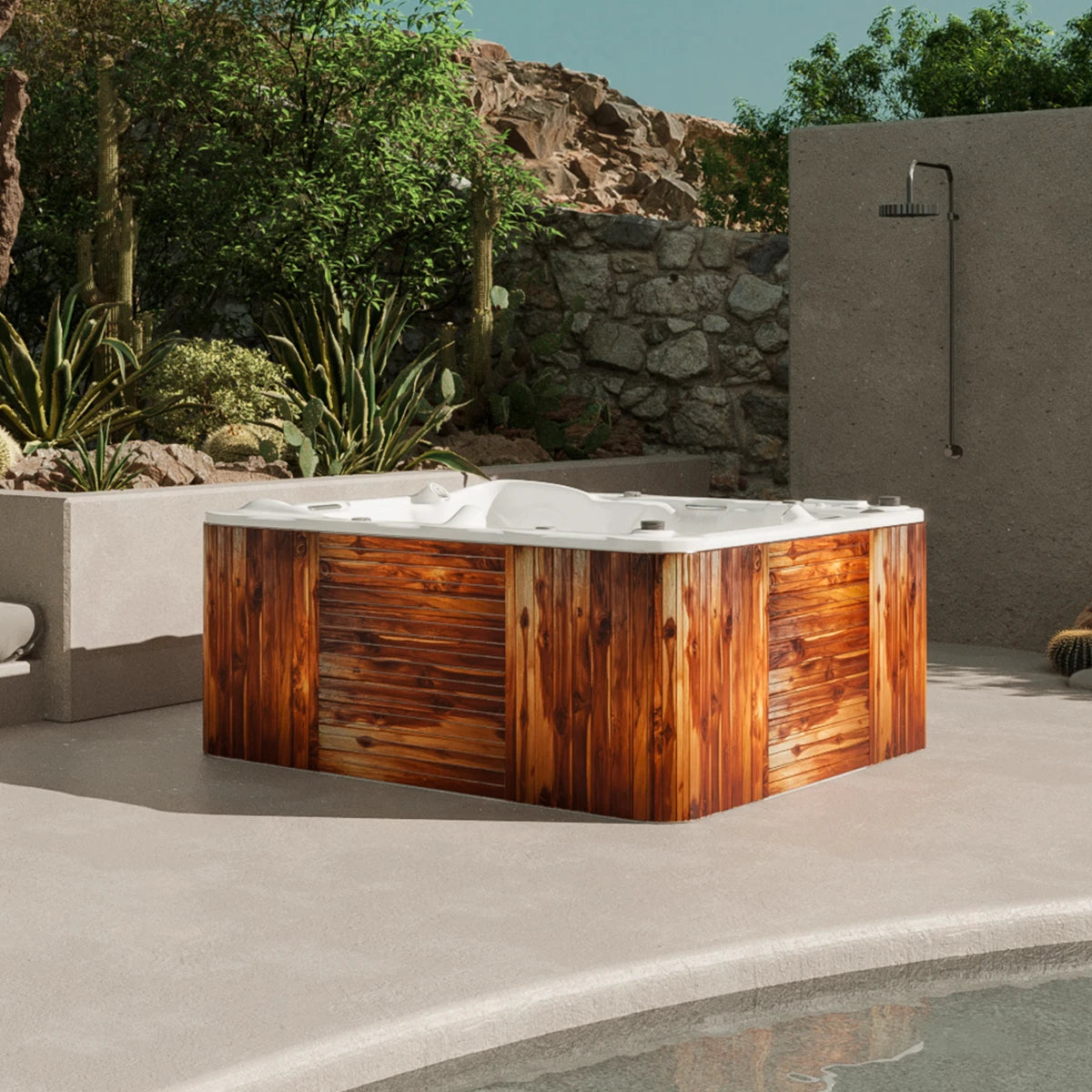 spa DESIGNO instalado en terraza exterior, diseño elegante con hidromasaje premium para espacios de lujo al aire libre