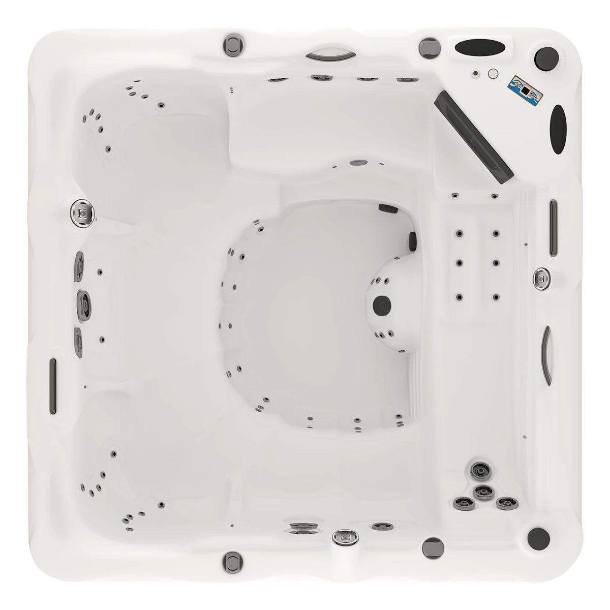 vista superior del jacuzzi spa DESIGNO con distribución ergonómica para 6 adultos y 2 niños, cromoterapia LED y múltiples jets terapéuticos